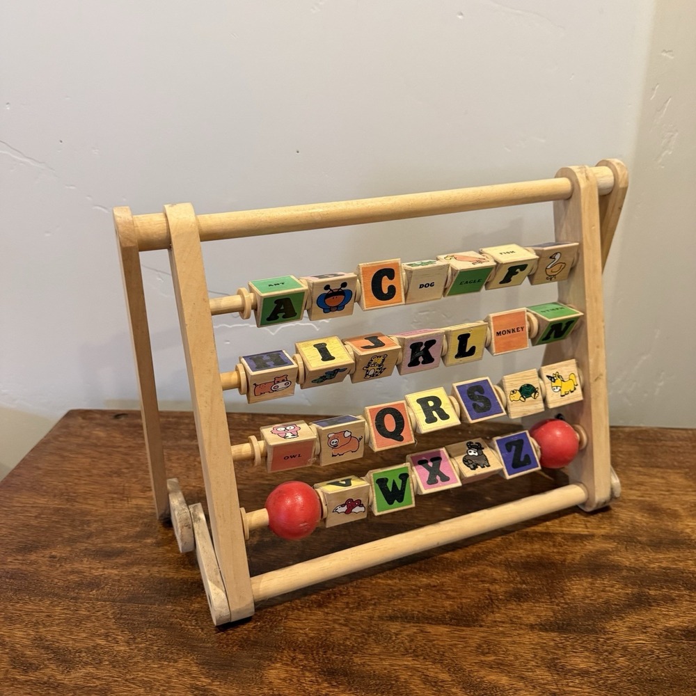 Vintage Alphabet Abacus Kids Toy Double Sided Pictures Letters Educational Wood